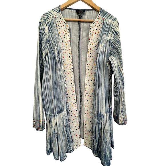 ASHRO Embellished 
Denim Open Front Jacket Women’s Sz 16W light blue polka dots - Picture 4 of 6